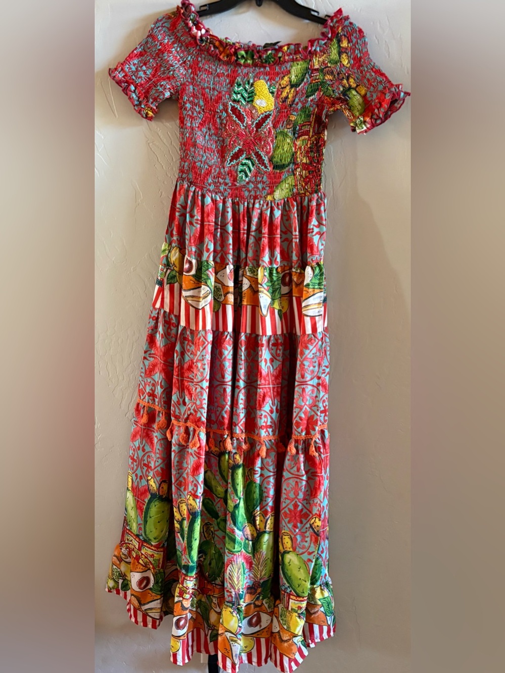 Desigual Red, Green and Blue Tiered Maxi Skirt with Floral & Cactus Motifs